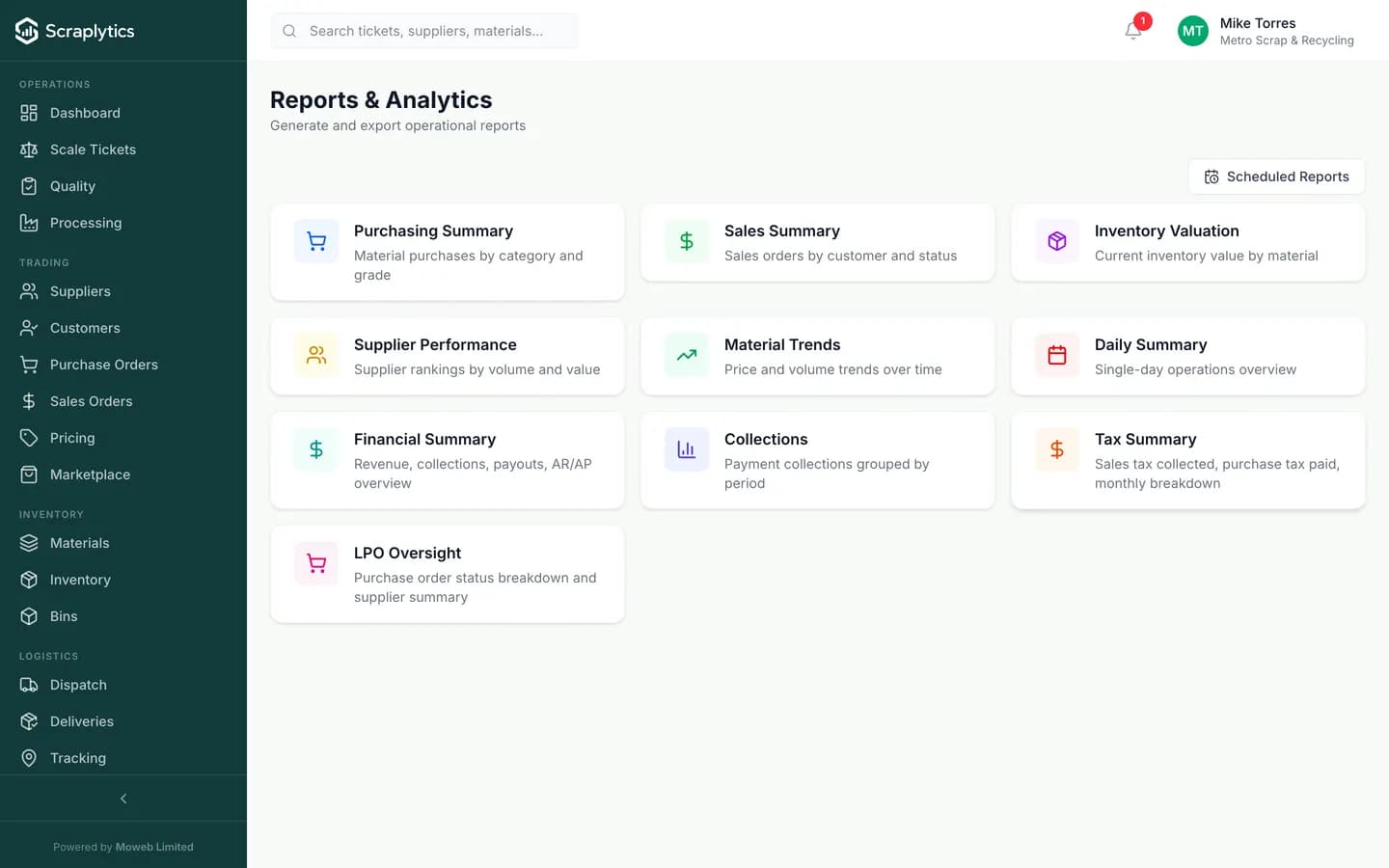 Scrap yard reports software - Scraplytics report library with ten built-in operational reports and a custom report builder.