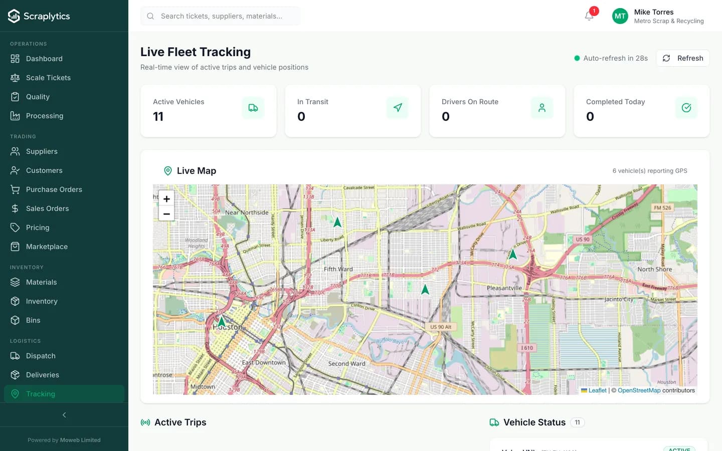 Scrap dispatch software live tracking - Scraplytics fleet on a live map with GPS pins, ETA and status per vehicle.